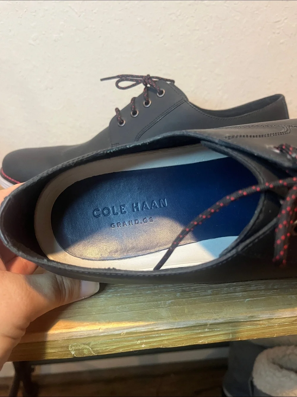 Cole Haan Original Grand Plain Toe Derby Shoes Black with Red Stitching size 13